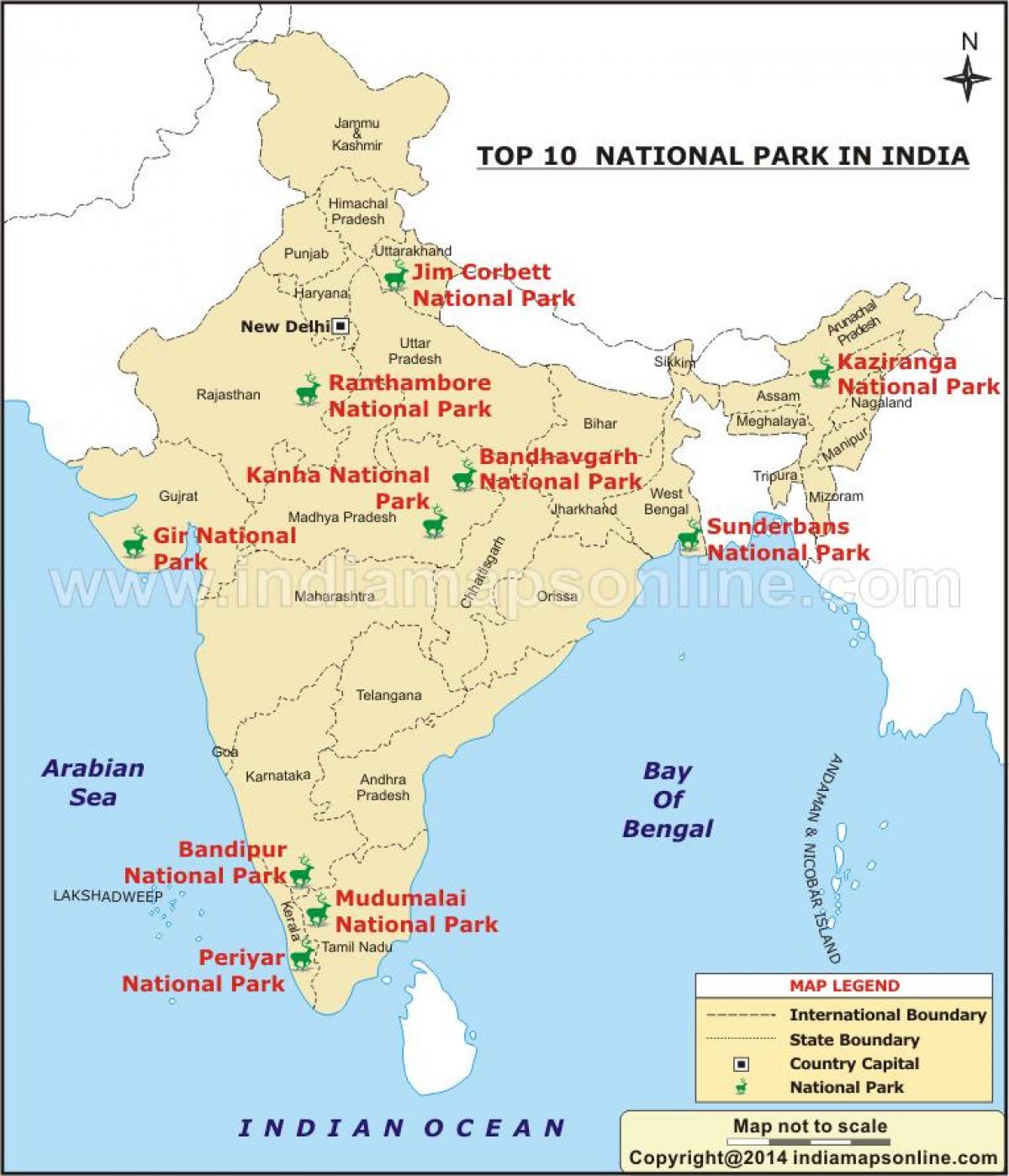 خريطة من المتنزهات الوطنية في الهند